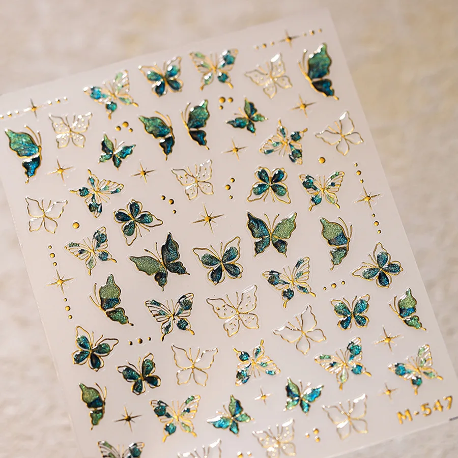 Gold Stamped Blue Green Glitter Butterfly 3D Jelly Self Adhesive Nail Art Stickers Polarized Illusion Manicure Decals Wholesale