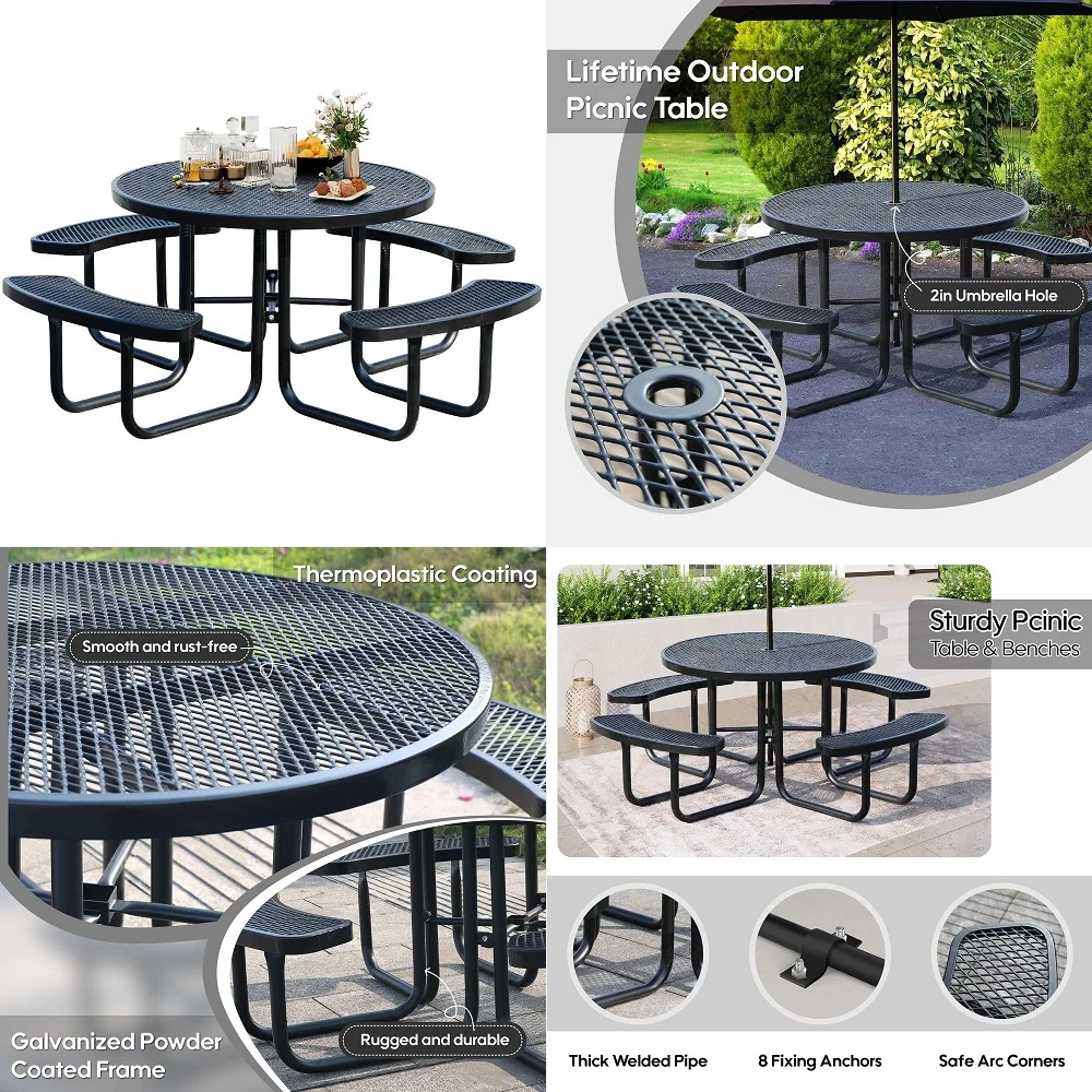 

Picnic Tables for Outdoors, Industrial 46 Expanded Metal Round Picnic Table with 4 Benches amp Umbrella Hole, Outside Table and