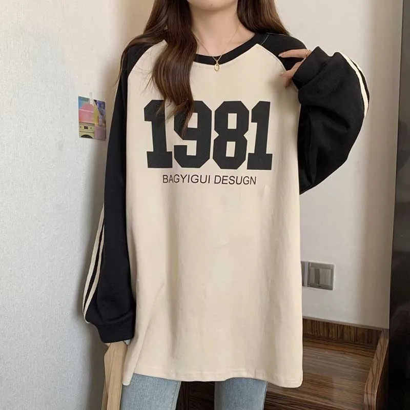 Fashion O-Neck Loose All-match Letter T-Shirt Female Clothing 2023 Autumn Oversized Korean Pullovers Casual Tee Shirt