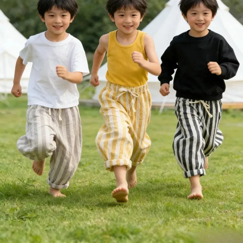 أطفال الصيف السراويل الفتيان الفتيات القطن مرونة الخصر مخطط فضفاض طويل عارضة الرباط السراويل #2