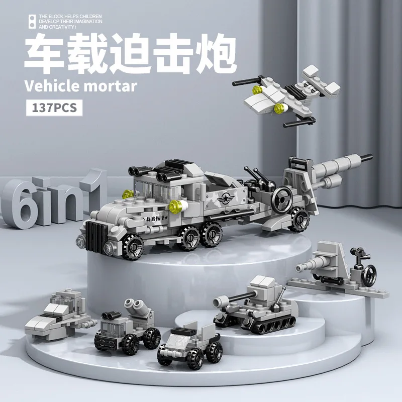 NEW DIY 6in1 Aircraft Carrier Helicopter Mortar Missile Armored Vehicle Building Blocks Kit Girls Bricks Movie Model Kids Toy