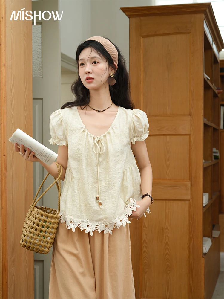 

MISHOW Women's French Round Neck Lace Up Blouse 2025 Summer Embroidery Puff Sleeve Flower Spliced Commut Short Top MXE39X1956