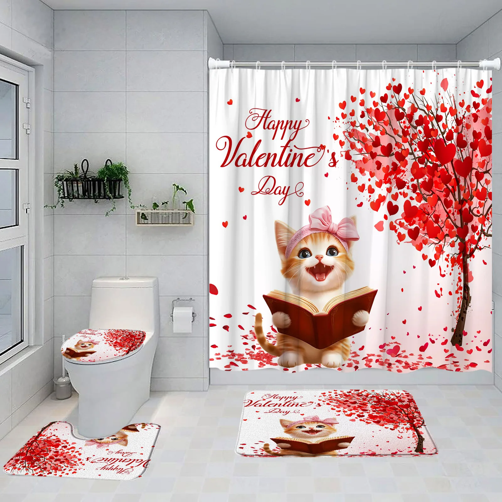 Valentine's Day Shower Curtain Set Cute Highland Cow Pig Love Heart Red Rose Flowers Home Bathroom Decor Bath Mats Toilet Cover