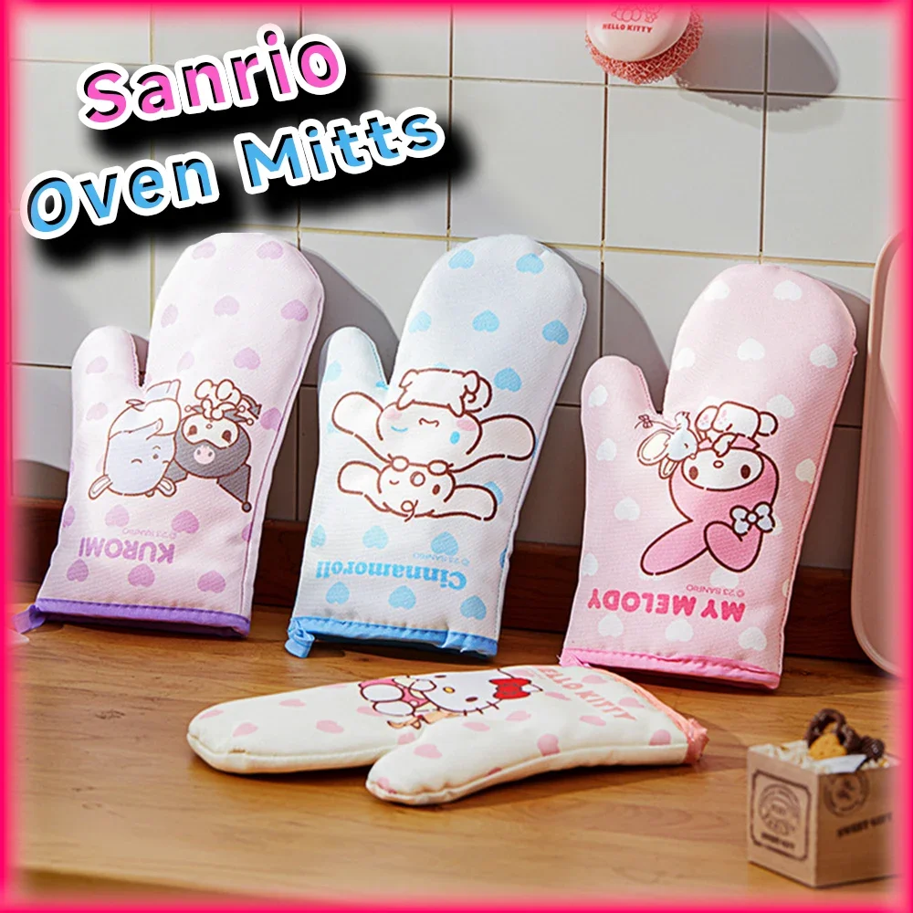 Kawaii Hello Kitty Thicken Oven Mitts Sanrio Anime Cinnamoroll Kuromi MyMelody Bakeware Heat Resistant BBQ Gloves