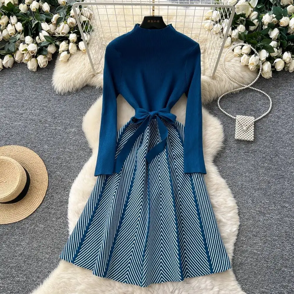 

Chic vintage Spliced Knit long sleeve dress Elegant Fairy korean fashion autumn Party women clothing