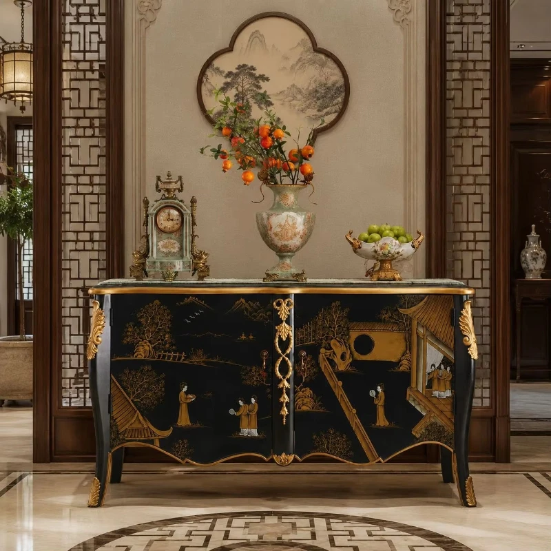 CX1 living room solid wood painted storage side cabinet neoclassical black storage decorative cabinet