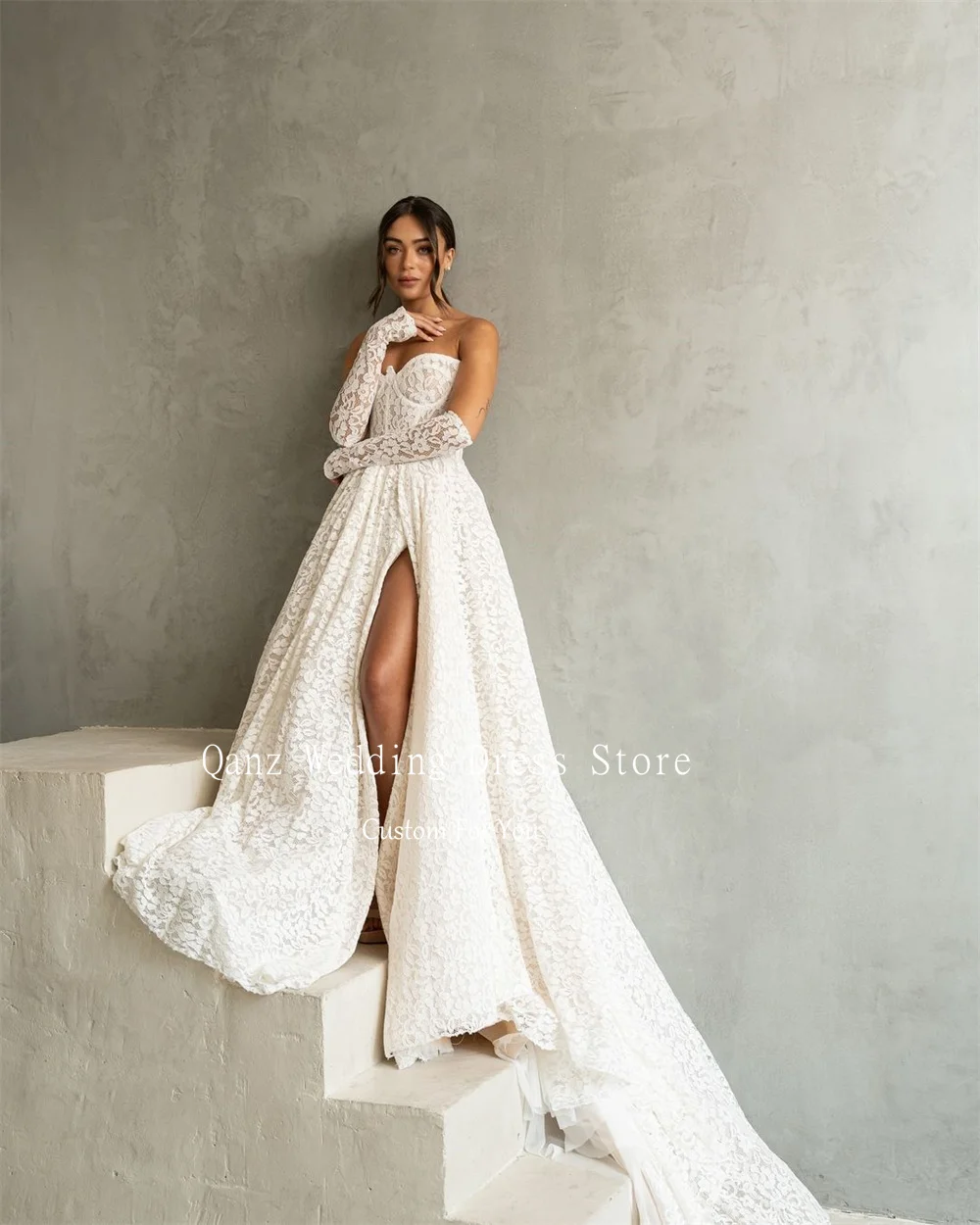 Qanz Elegant Wedding Dress Detachable Sleeves Full Lcae High Slit Court Train Vestidos Novias Boda Long Customized Bridal Gowns