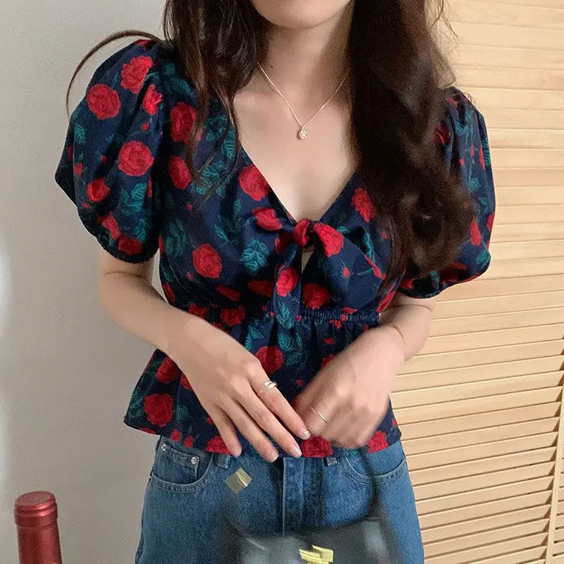 Stylish Sexy V-Neck Drawstring Blouse Summer Vintage Broken Flowers Rose Korean Waist Female Clothing Elegant Puff Sleeve Shirt