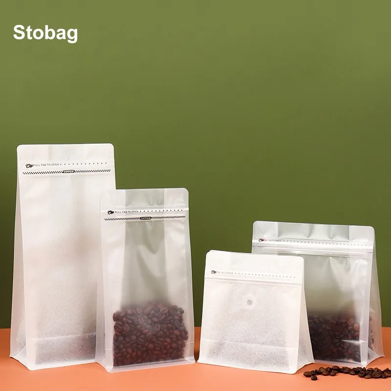 StoBag 50pcs Transparent Coffee Beans Packaging Bag White Cotton Paper with Valve Sealed for Powder Nuts Storage Reusable Pouch