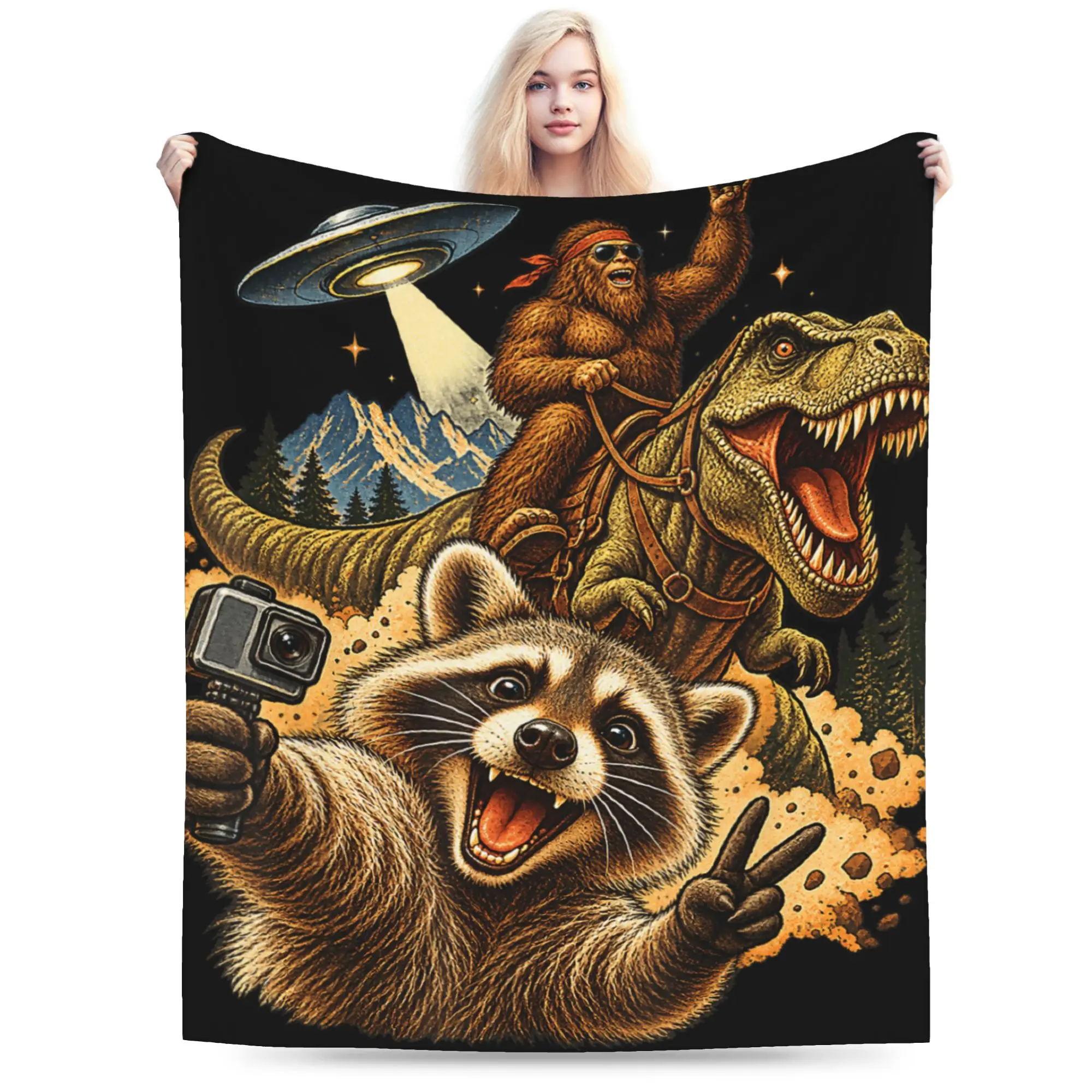 Funny Bigfoot Ride Dinosaur Raccoon Throw Blanket for Couch  Fuzzy Soft Plush Blanket 50x60 Inch Multiple Sizes Bedspread