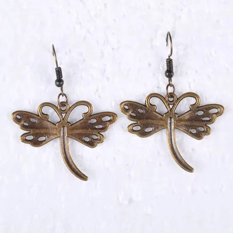 28*36Mm Antique Bronze Vintage Metal Dragonfly Earrings For Women Earing Metal Alloy Drop Dangle Earring Jewelry Fashion