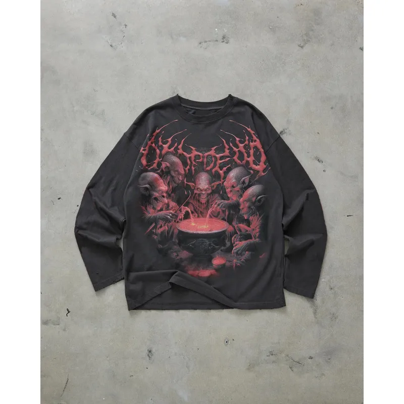 Cetakan tengkorak gaya Gotik dengan desain gelap, hoodie longgar musim gugur dan musim dingin retro jalanan Amerika lengan panjang