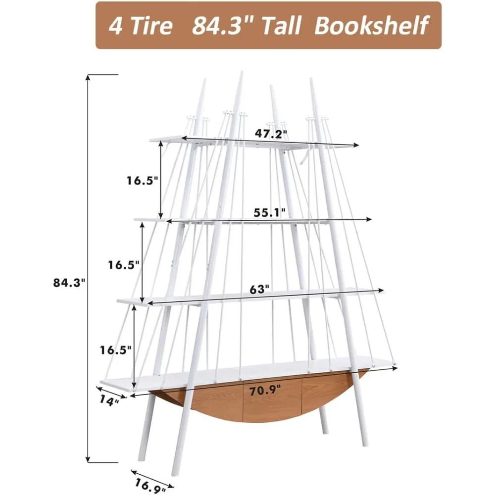 Bookshelf, 4 Tier Ladder Bookcase with Drawer 84.3 Tall Bookshelves for Storage Display Decor Easy Assembly Bookcase