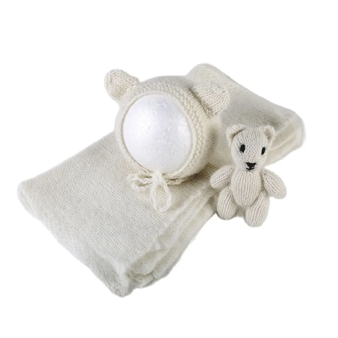 Angora – ensemble de tricot extensible pour nouveau-né, gris clair, avec Bonnet, ours en peluche, jouet, accessoires de photographie, pull Vintage pour bébé, chapeau