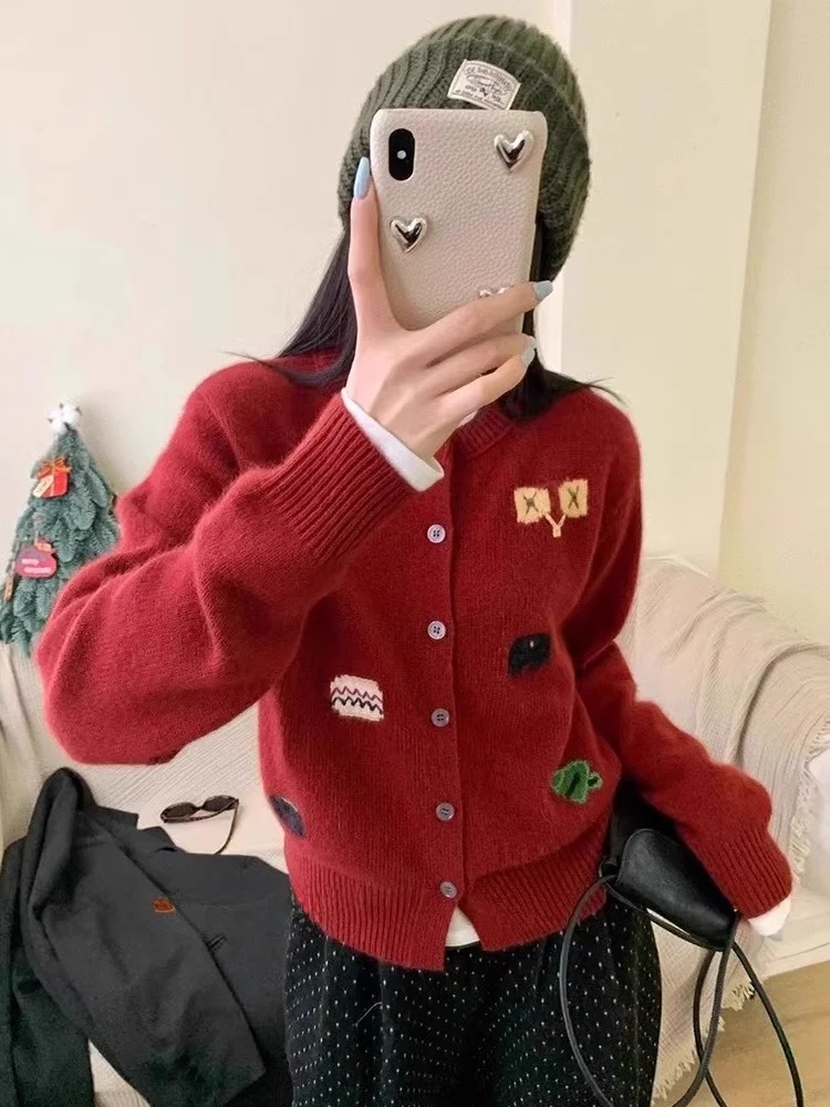 

Уютный вязаный свитер с длинными рукавами в рождественском стиле, модный женский кардиган с цветочной вышивкой, теплый зимний дизайн