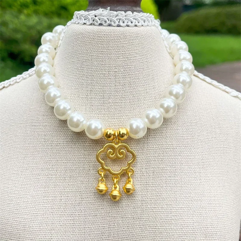 Decorative Dog Collar Pet Pearl Necklace with Five Blessings Wealth Happiness Longevity and Safety Pendant for Dog Cat Collars