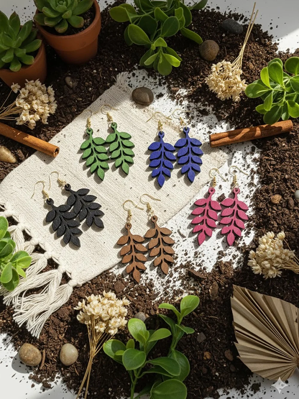 5 Pairs/Set, Women's Fashionable Dangle Earrings, Colorful Leaf and Plant-Shaped Wooden Earrings, Pastoral Bohemian Minimalist Style Earrings, Suitable for Everyday Wear, Vacations, Gift-Giving, Holidays and Any Occasion view 4