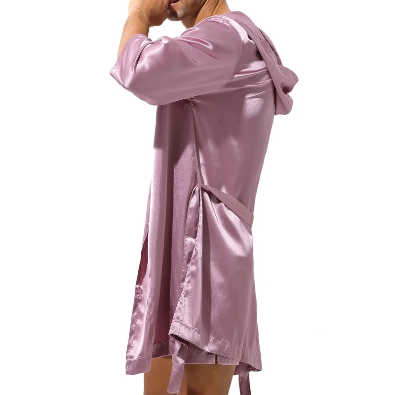 Mens Hooded Bathrobe With Shorts Set Short Sleeve Men Pajama Bath Robe Set Summer Silk Satin Nightgown Kimono Bathrobe Sleepwear