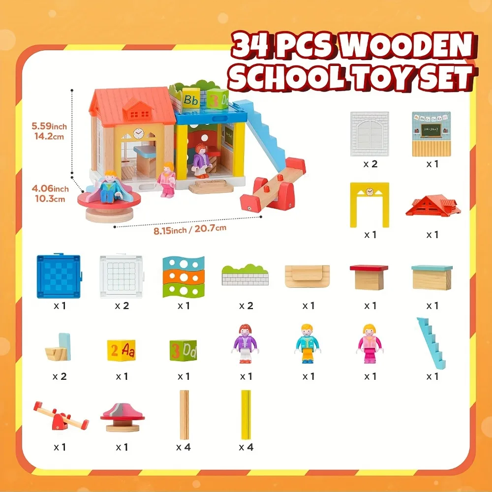 Wooden Dollhouse Furniture Set Outdoor Miniature Doll House School Accessories with Seesaw Pretend Play Toys Birthday Gift