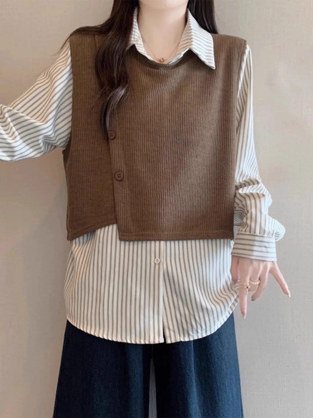 

Women's Striped Shirt And Vest Two-Piece Set Large Size Cotton Long Sleeve Autumn Winter Fashion Casual Wear Straight Cut