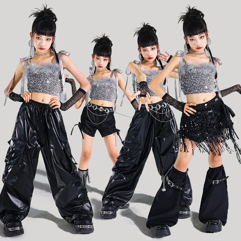 

Girls Kpop Jazz Dance Costumes Cool Hip Hop ClothesSequined Crop Tops Baggy Pants Group Fashion Catwalk Streetwear Dance Outfits