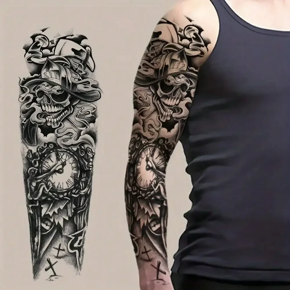 1 Sheet Temporary Tattoo, Grim Reaper And Clock Pattern, Long Lasting For 2 ~ 7 Days Waterproof Tattoo Stickers, Not Toxic, Leg Arm Back Body Art For Women And Men view 2