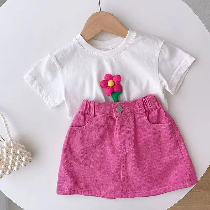 Kids Girls' Rose Red 3D Flower White T-shirt Rose Red Half Skirt Set Fashionable Baby Short Sleeve Two Piece Set Kids Outfits