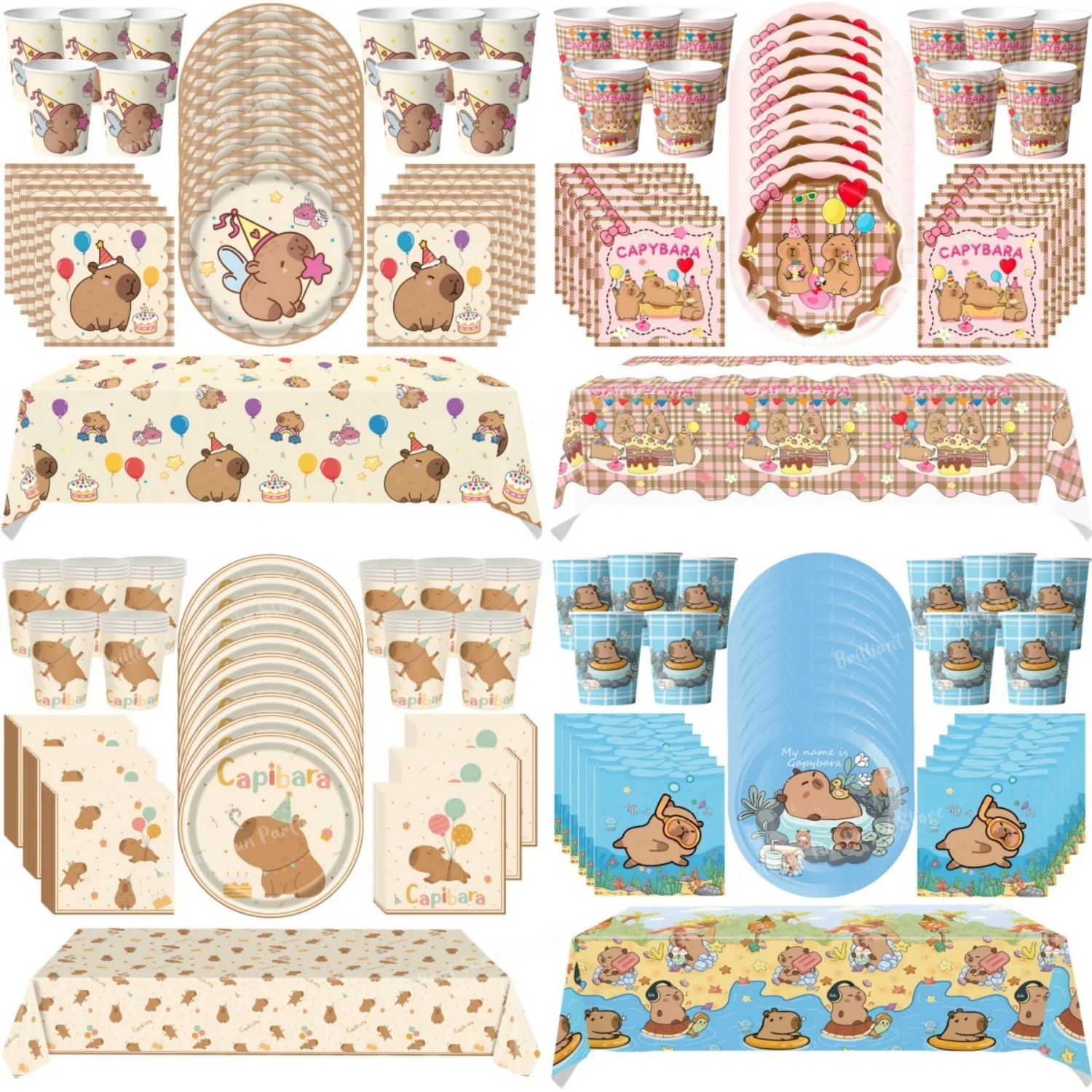 Table Cloth Disposable - カピバラをテーマにした使い捨て食器セット（紙皿、ナプキン、カップ、テーブルクロス）61点セット。ベビーシャワーや子供の誕生日パーティーの装飾に最適。