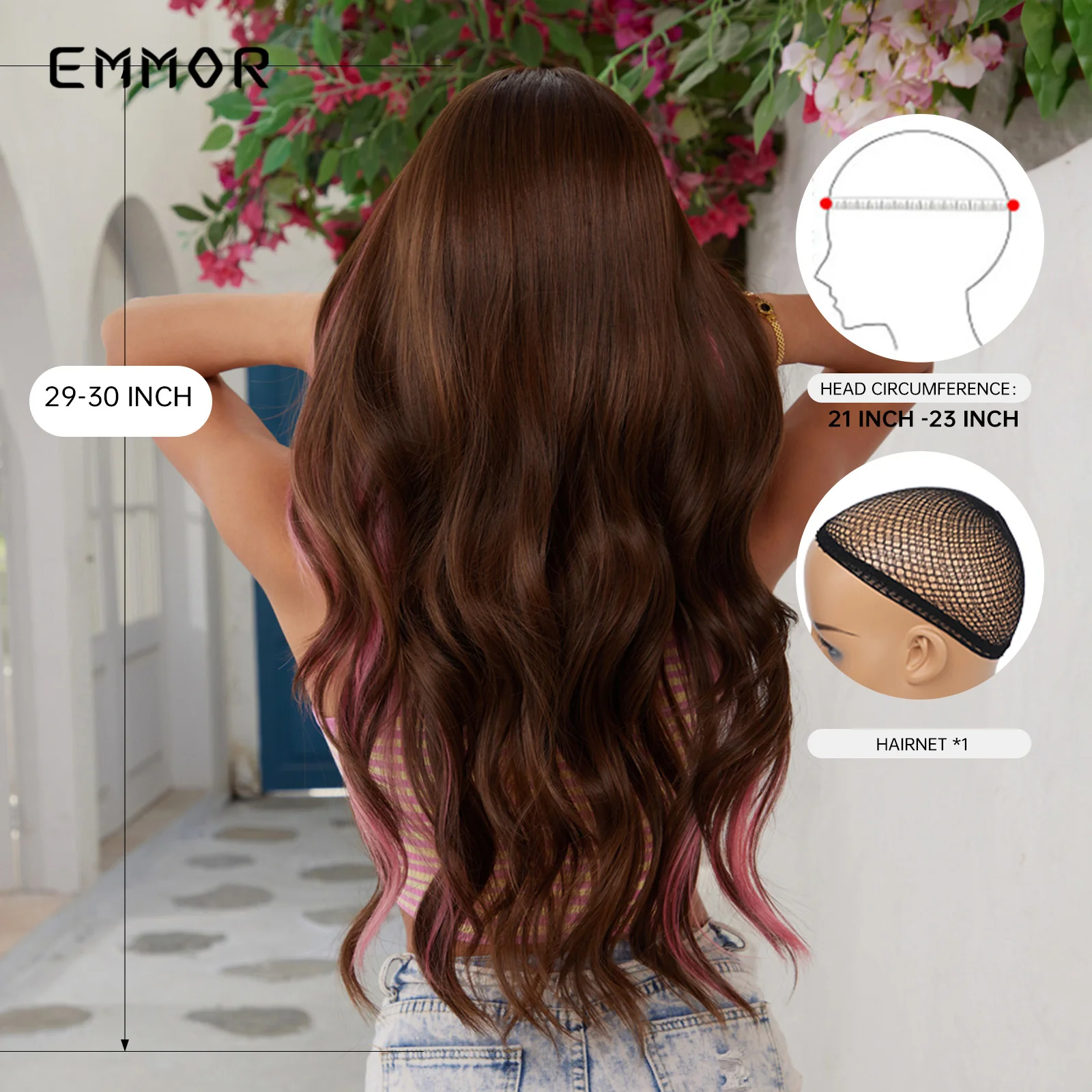 Emmor Youthful Synthetic Wig Long Wavy Curly Ombre Blonde Mixed Pink Wigs for Women Heat Resistant Party Daily Hair Bang Natural