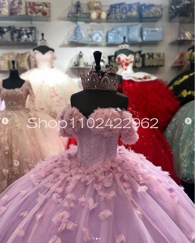 Розовое Тюлевое яркое платье принцессы Quinceanera с открытыми плечами 3D Цветочный кружевной корсет для выпускного вечера Vestidos de 15 quinceeras charros