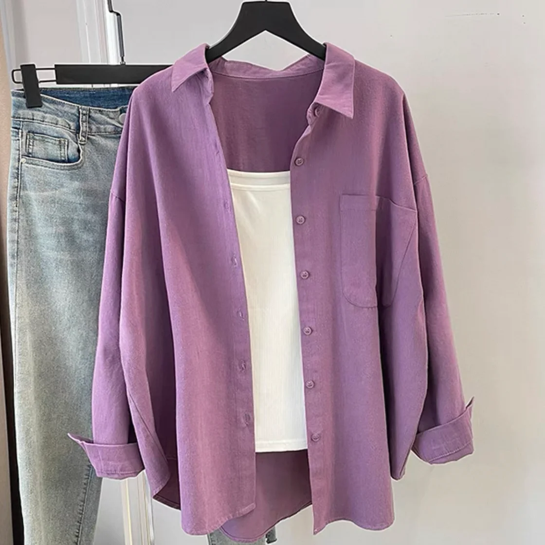 

Dopne Purple Cotton irt Women's Loose Fit Thin Commute Sle Sun Protection Outerwear Cardigan ort Sve C...