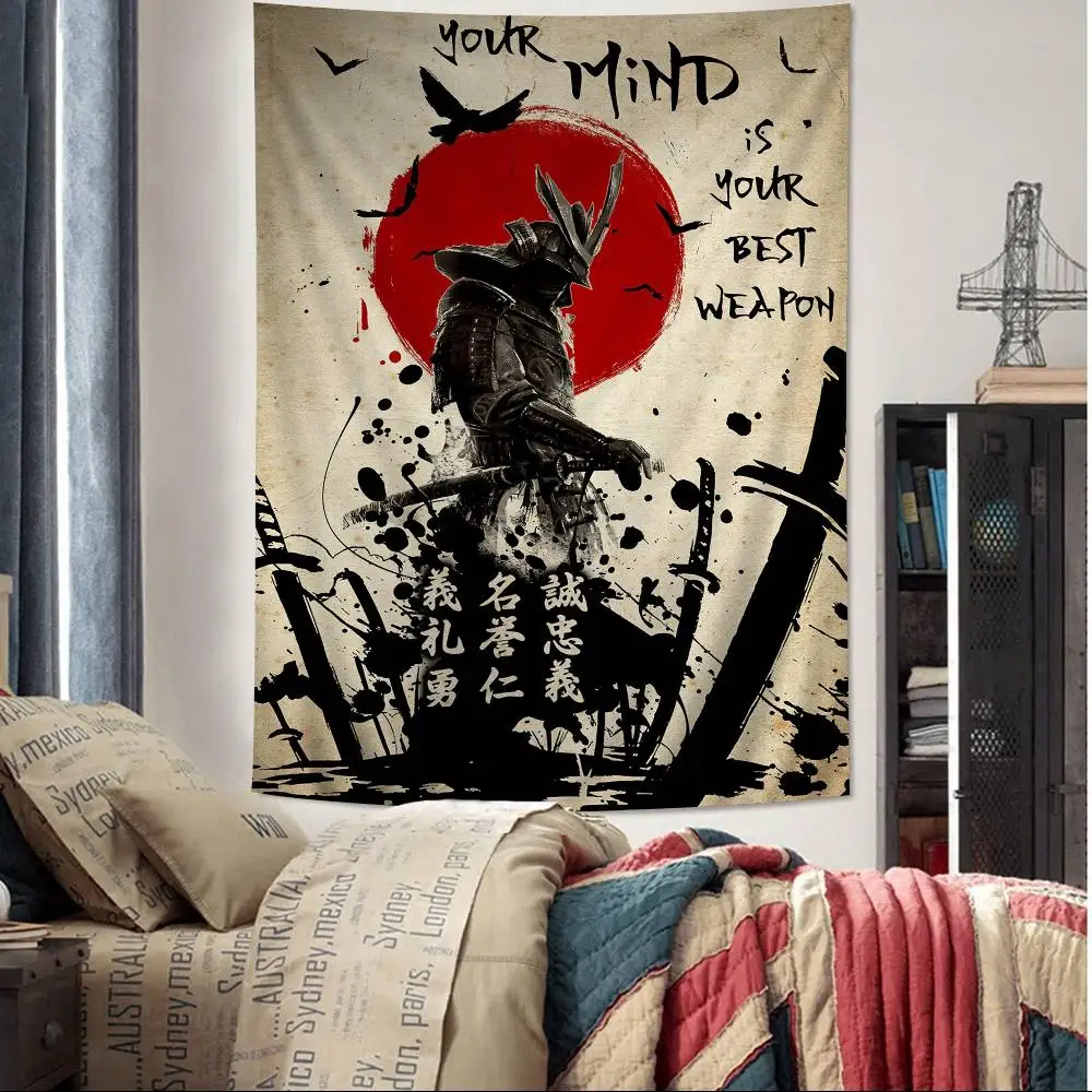 Japanischer Samurai-Cartoon-Wandteppich für Wohnzimmer, Zuhause, Wohnheim, Dekor, INS, Heimdekoration
