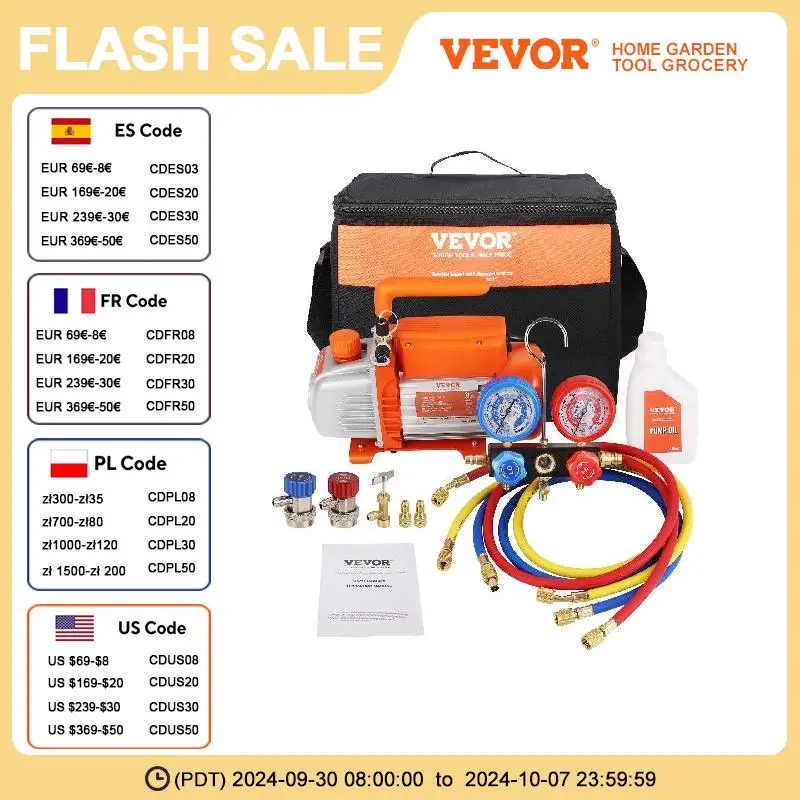 

VEVOR Vacuum Pump 1/5HP 3.5CFM Vacuum Pump and Manifold Gauge Set HVAC Single Stage Air Vacuum Pump for A/C Refrigerant Kits