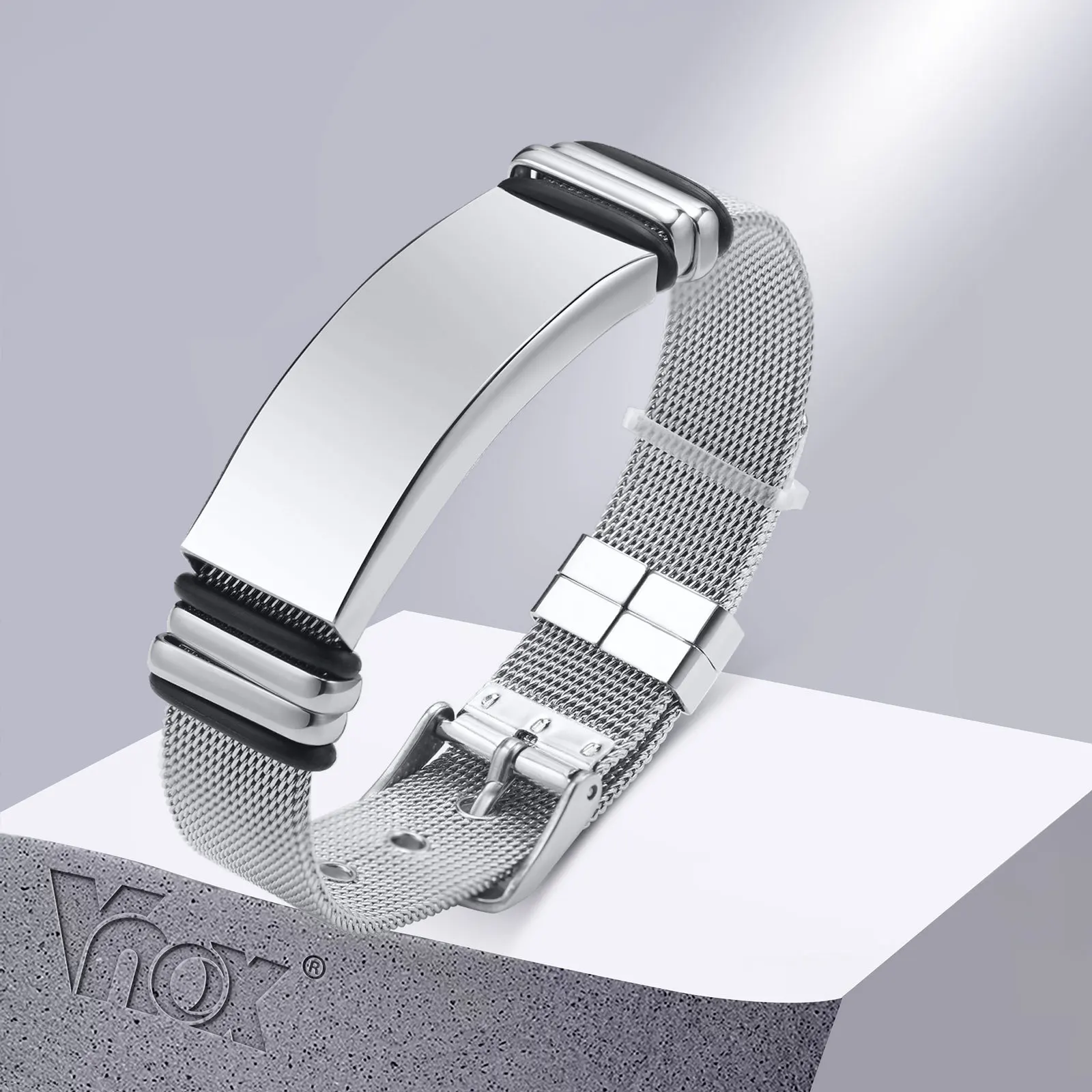 Vnox Free Customize Bracelets for Men, 16mm Stainless Steel Bangle with Adjustable Mesh Watch Band, Casual Cool Boy Wristband