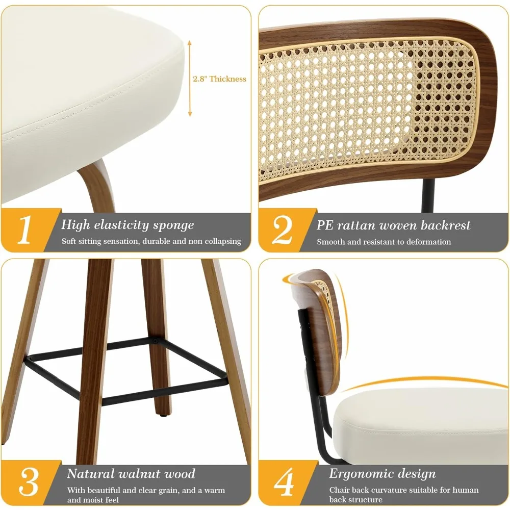 مقاعد بار ذات ارتفاع دوار، مقاعد بار منجدة من الجلد الصناعي مع ظهر من الخيزران، كراسي بار بارتفاع 26 مقعدًا للمجموعة #3