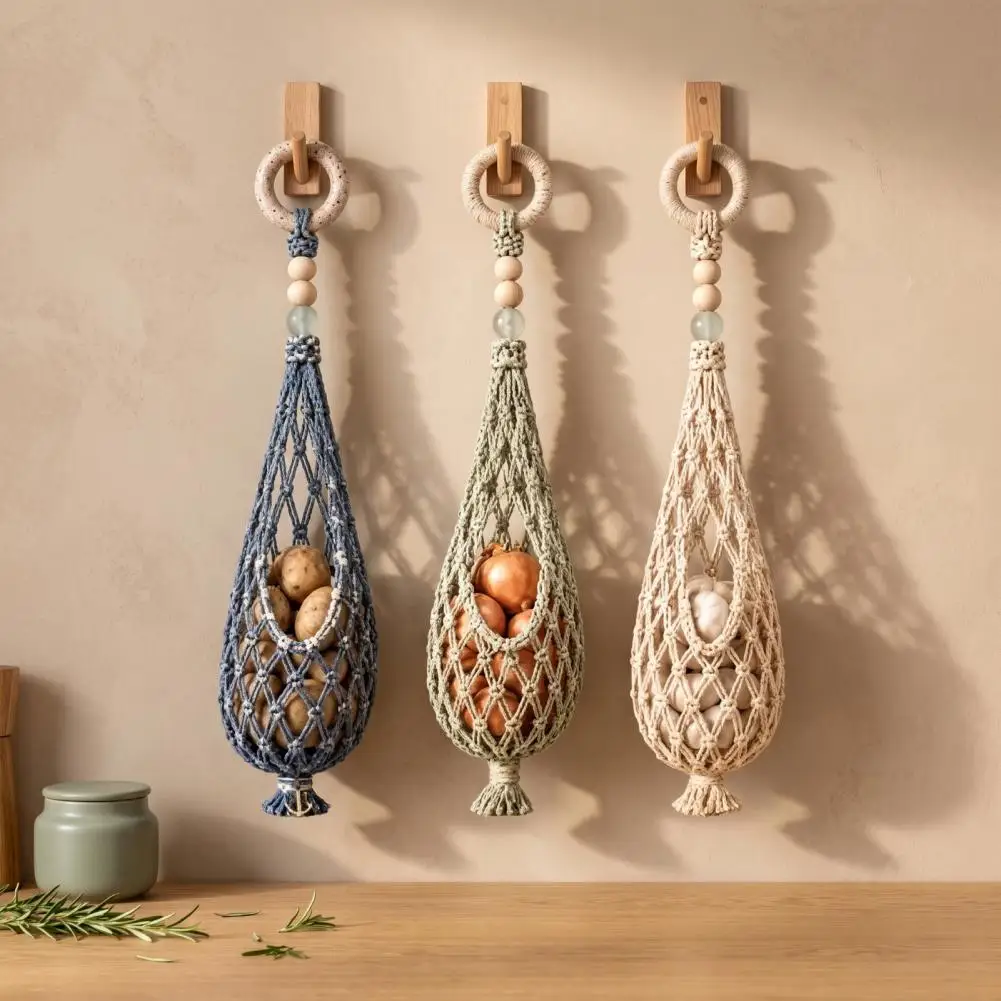 Hanging Fruit Vegetable Hammock Handwoven Cotton Rope Storage Bag Teardrop Wall-mounted Organizer Basket for Onions for Pantry