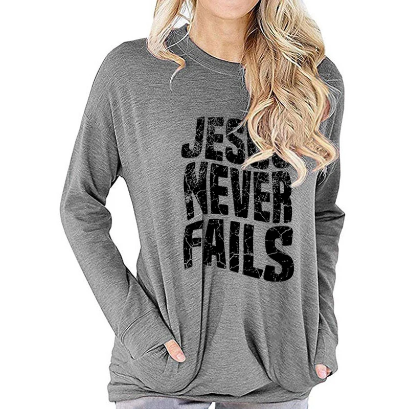 T Shirt Women Jesus Never Fails Print Fashion Tee Shirts Casual Round Neck Long Sleeve Streetwear Female T-Shirt Vintage Tops