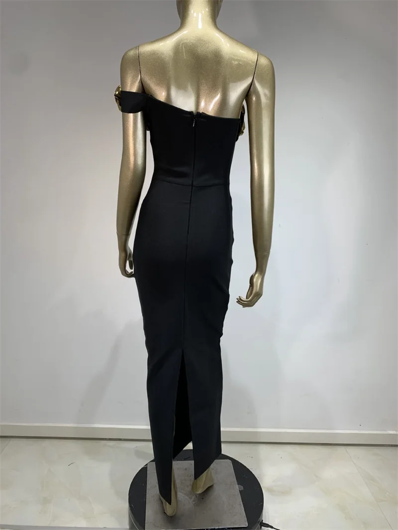 Stringy Selvedge Women's Bandage Skirt Boat Neck High Waist Long Evening Dress Black Backless Sleeveless Prom Dress New Design