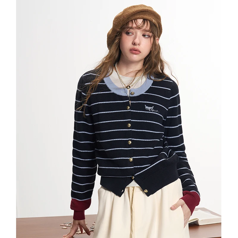 ELFSACK Women's Striped Knit Cardigan with Contrast Trim, Casual Long Sleeve Crop Top for Everyday Wear