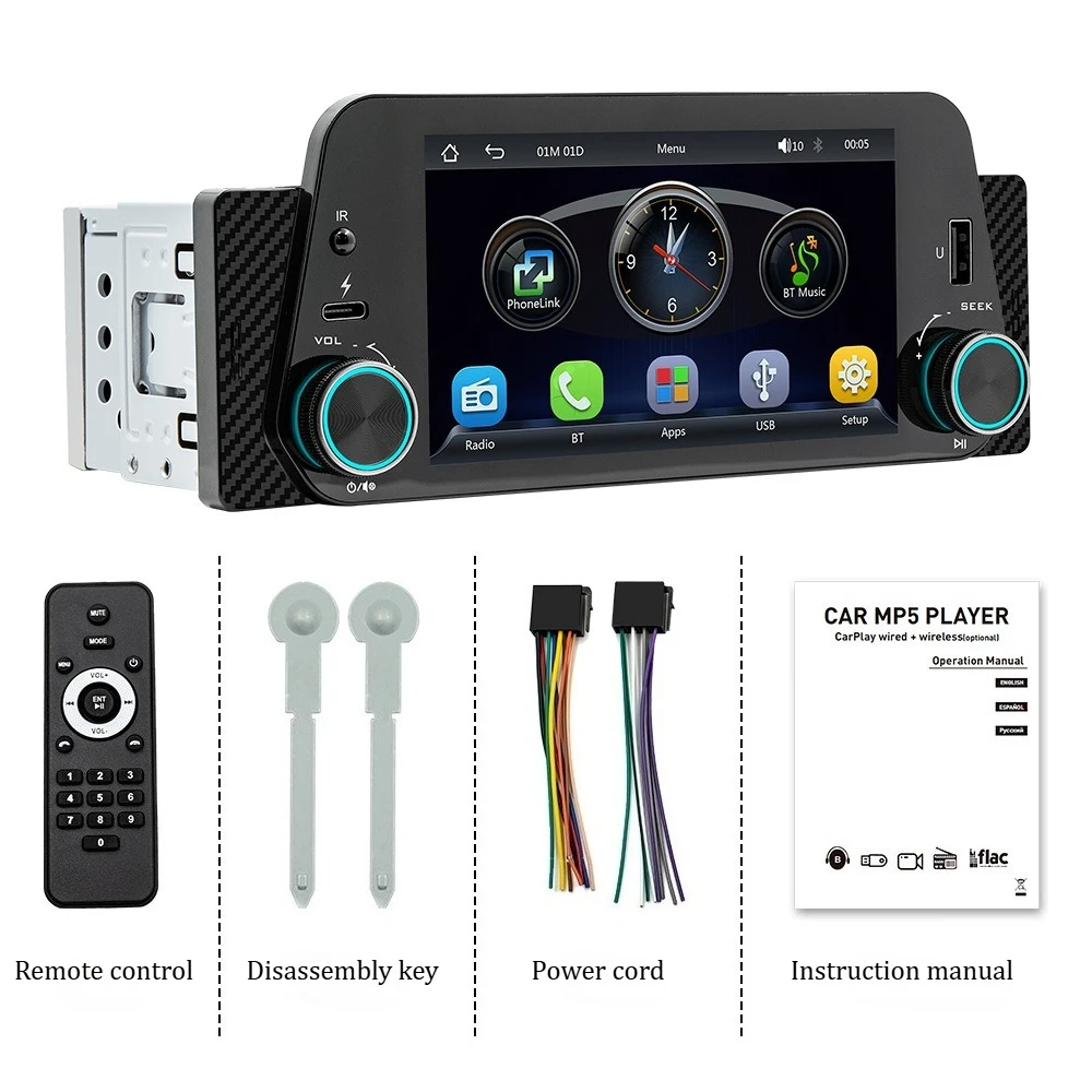 5 inch single din autoradio met Apple CarPlay/Android Auto/Mirror-Link, radio-ontvanger met Bluetooth 5.1 FM USB multimediaspeler - afbeelding 1