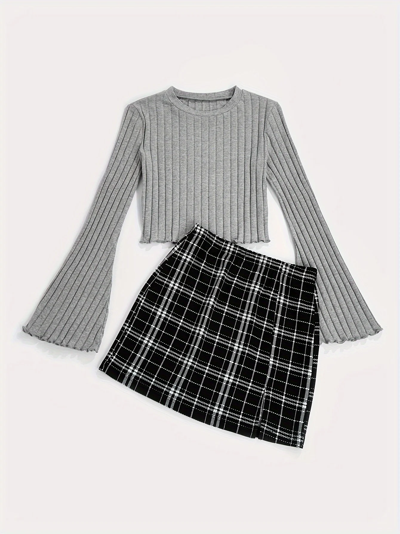 Casual Colorblock Two-piece Skirt Set Ribbed Crew Neck Long Sleeve Top & Plaid Skirt Women\'s Clothing