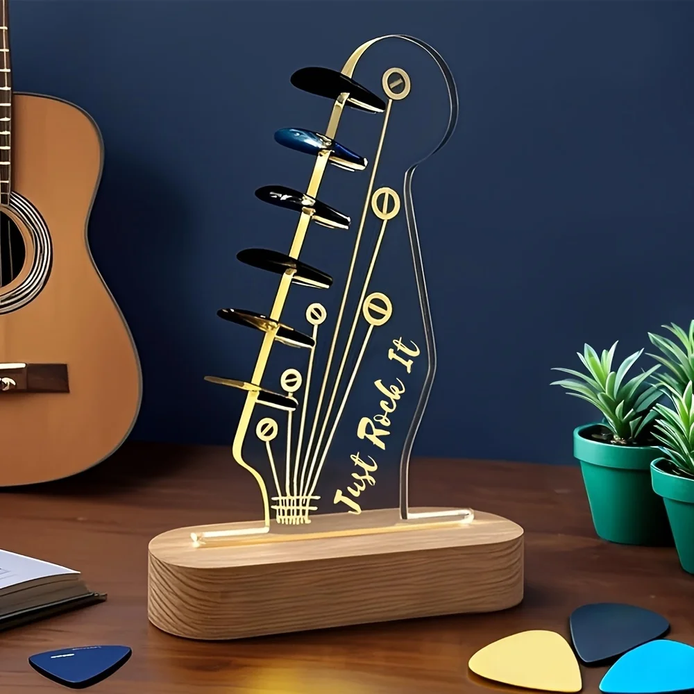 Light Up Acrylic Guitar Pick Holder Spindle Box Pick Holder with Wooden Base