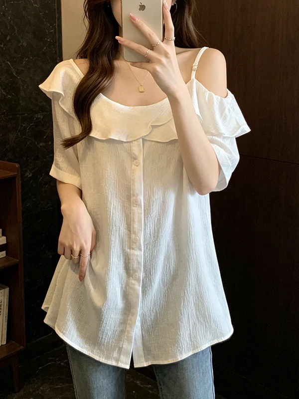 

Summer 2026 Women's plus Size Korean Style Shoulder Bared Short Sleeve Shirt Design Slimming Versatile Mid-Length Top
