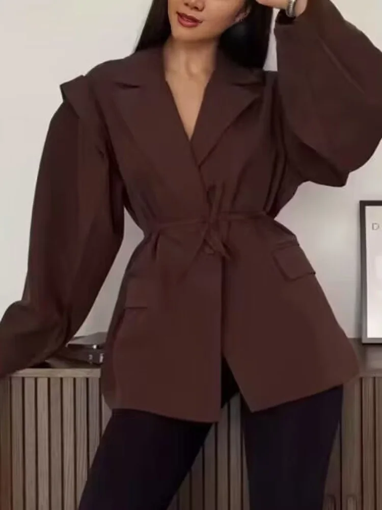 HH Woman Fashion Lace-up Single Buckle Autumn Loose Jacket Women Blazer Long Sleeves Lapel Wide Shoulder Design Casual Coats