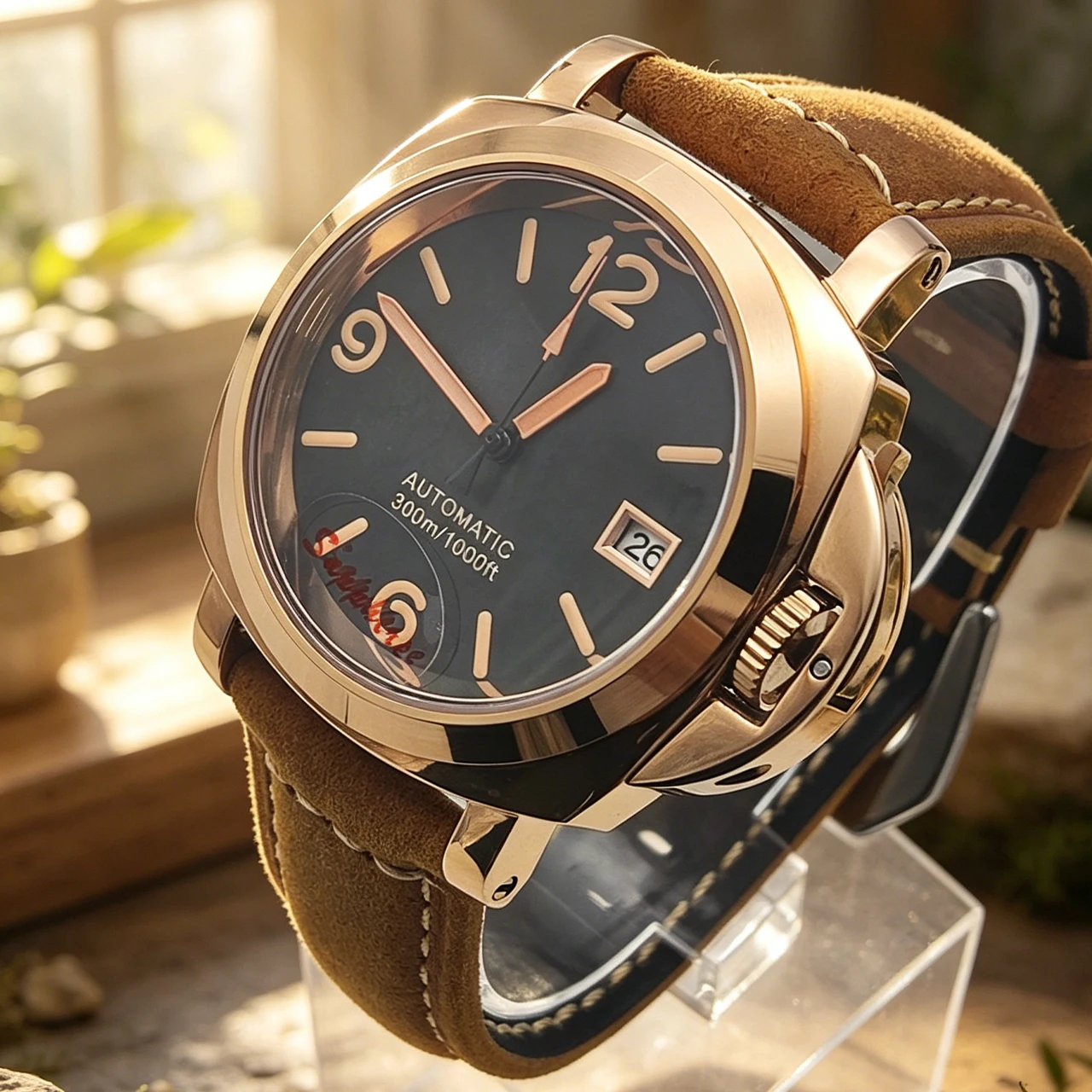 40mmNH35 Automatic Mens Watch Polished Case Sapphire Leather Strap See Through Case Back Mechanical Wristwatch