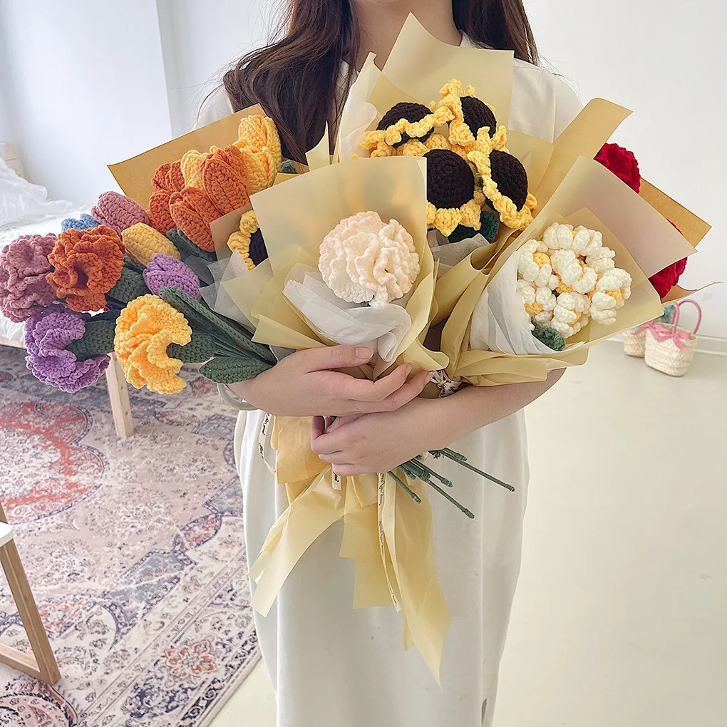 Knitting Bouquet Rose Flower DIY Gradual Rose Bundle Hand-Knitted Fake Flower Knit Flower Home Table Creative Decorate Gift 꽃다발