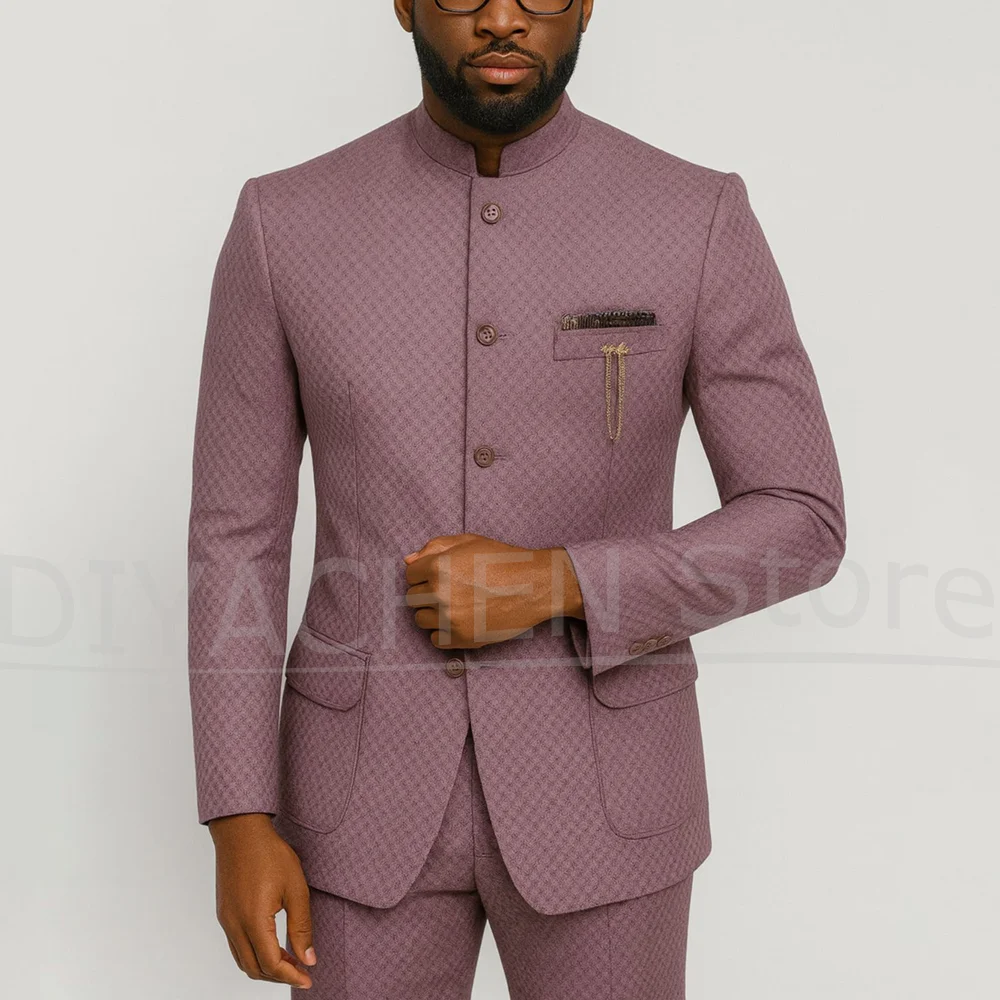 Fashion Waffle Men Suit 2 Piece Mandarin Collar Textured Jacket with Pants Business Casual Wedding Party Tuxedo Male Suit