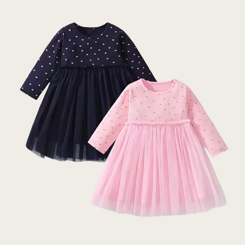 2024 Autumn Lace Tulle Kids Girls Princess Dress Cute Heart Print Long Sleeve Girls Ball Gown Outwear Dress for 2-7y