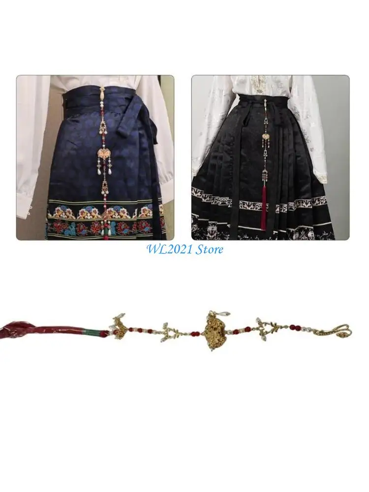 

G5GC Distinctive Pendant for Chinese Skirt Costume Chinese Mamianqun Accessories Chain with Tassels Pearls Flower