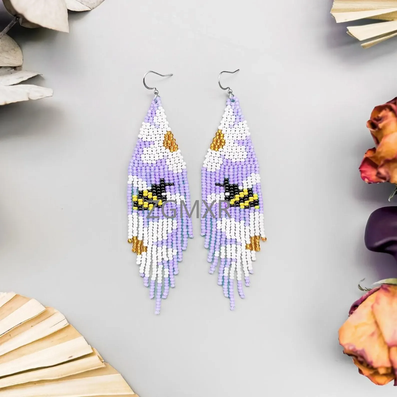 Beaded earrings Bee Orchid Bohemia Pattern Gradient color Female  Hand-woven Alloy Simple Tassel Creativity Rice bead earrings